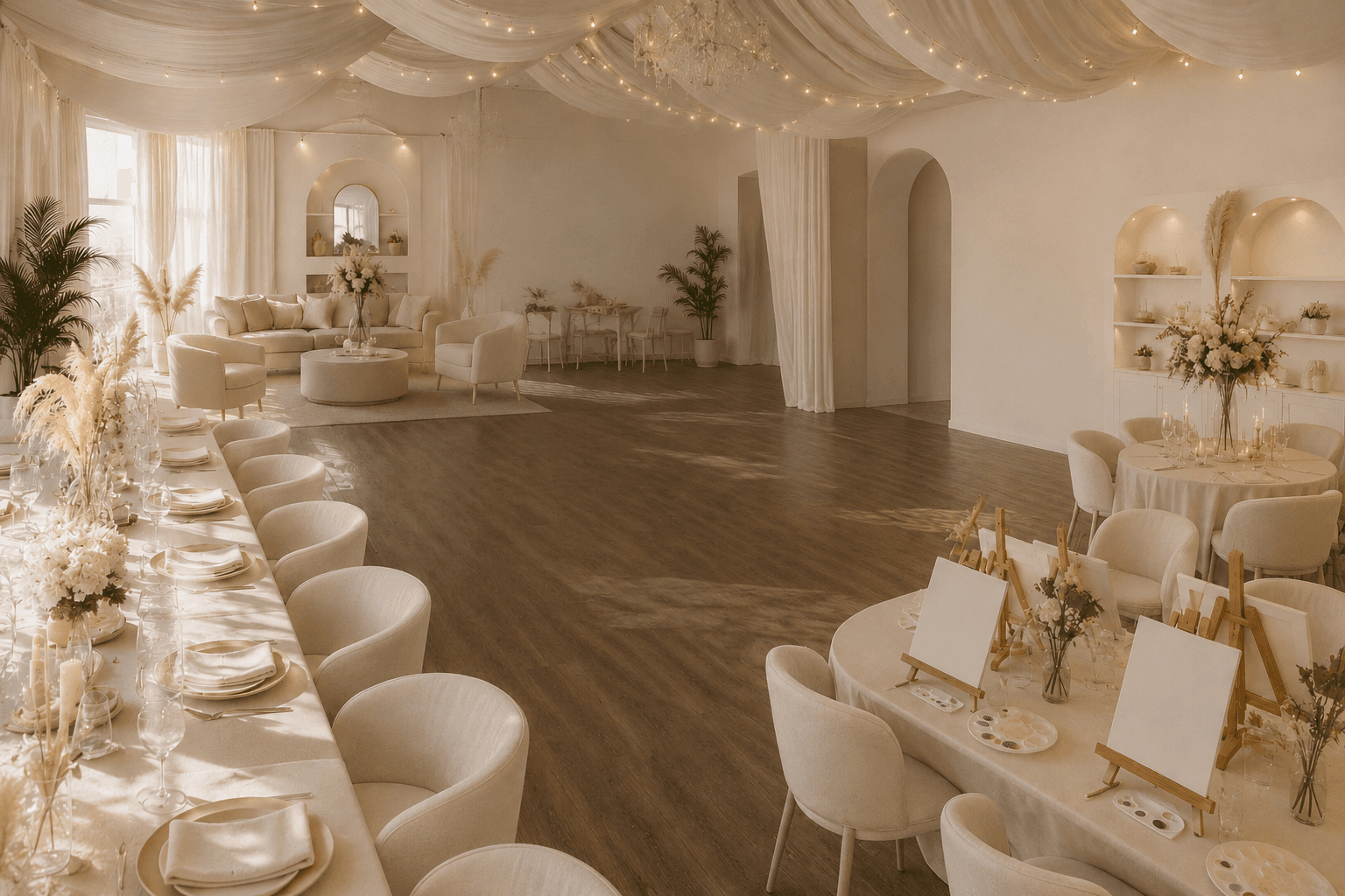 Draped venue with fairy lights